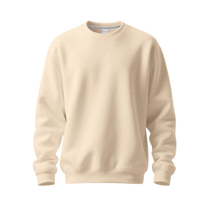 Beige crewneck sweatshirt with long sleeves and ribbed cuffs and hem on white background