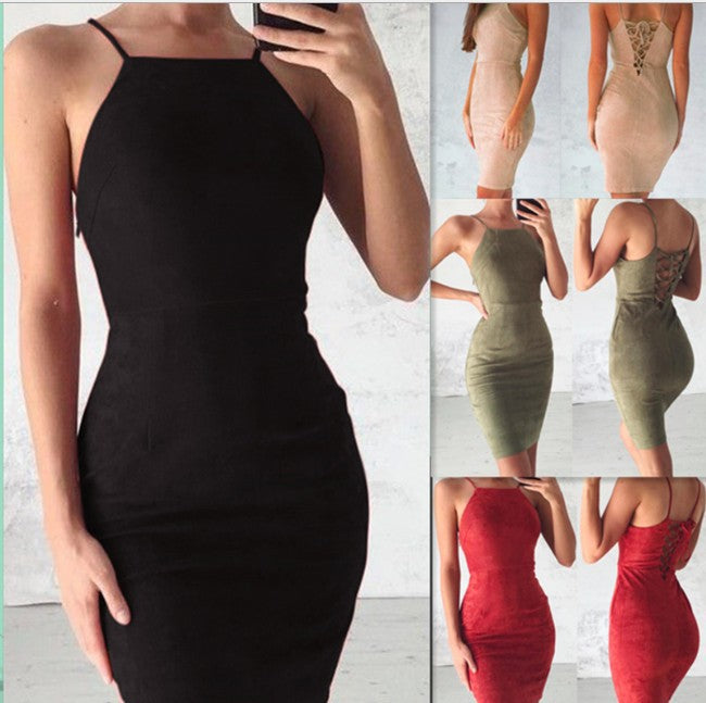 Bodycon sleeveless midi dresses in black, beige, olive green, and red with lace-up back detail