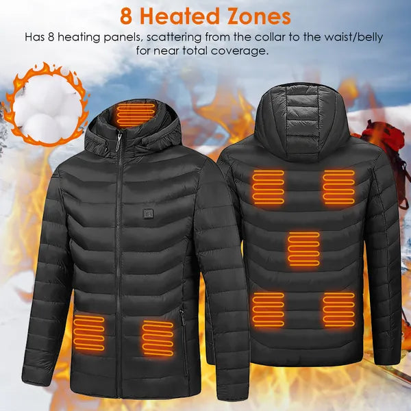 Black heated jacket with 8 heating zones from collar to waist for full warmth coverage