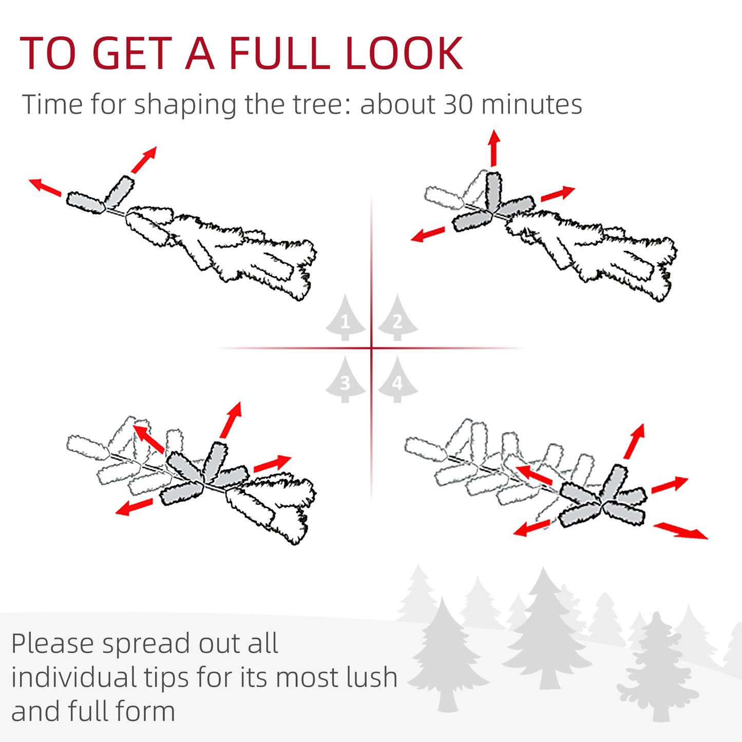 Diagram showing how to shape tree branches by spreading out tips with red arrows for a full, lush look