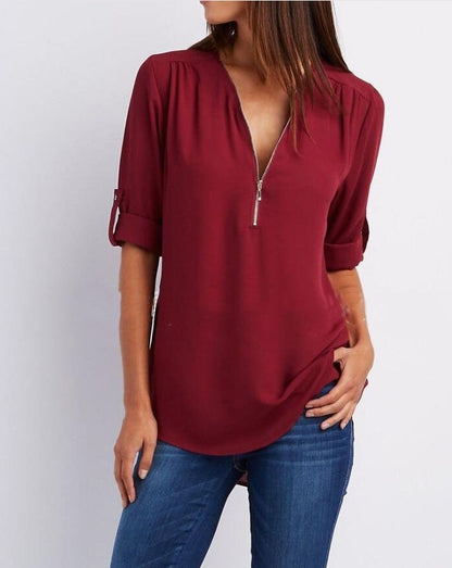 Zip V-Neck Shirt Women - Loose Short Sleeve Tops, Breathable Dacron Fabric