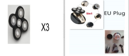 Black electric shaver with circular blades, shown with three blade heads and EU plug for 5in1 grooming