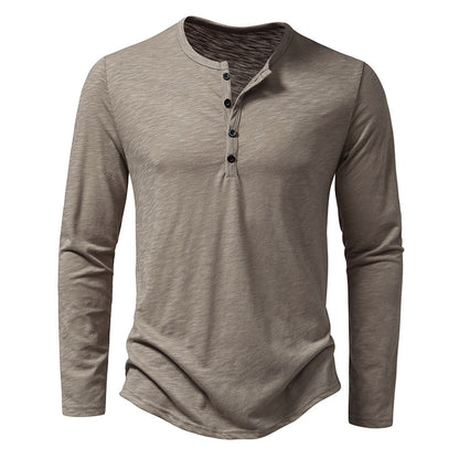 Men's casual long sleeve henley shirt in light brown with buttoned placket
