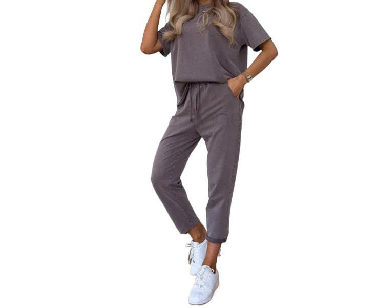 Casual Cropped Pants Set - Women's Two Piece Outfit With Pocket Detail