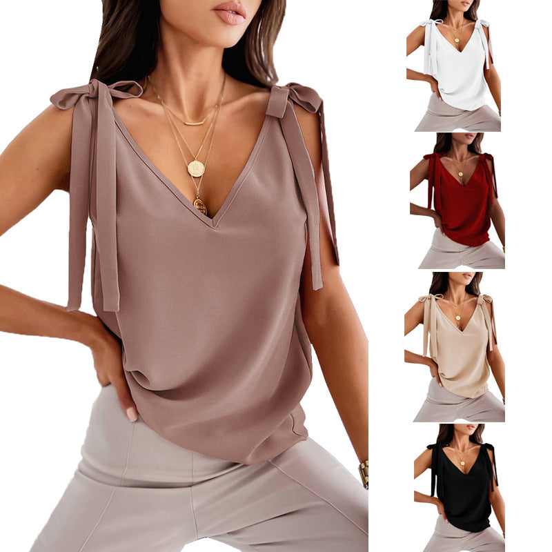 Bowknot Camisole Top - Sleeveless Satin Tie Up Tank, V Neck Summer Shirt