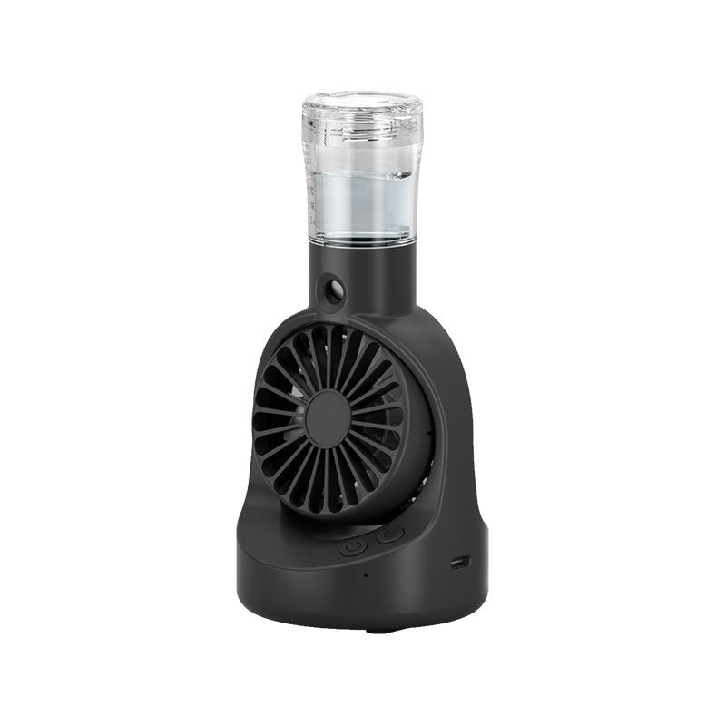 Black portable handheld fan with clear detachable water tank and control buttons