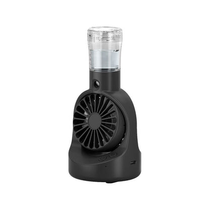 Black portable handheld fan with clear detachable water tank and control buttons