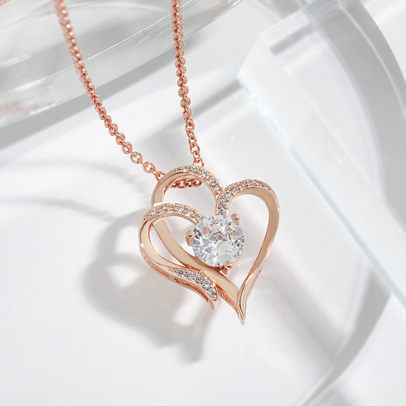 Heart-Shaped Necklace Double Love Rhinestone Jewelry | Personalized Copper Chain