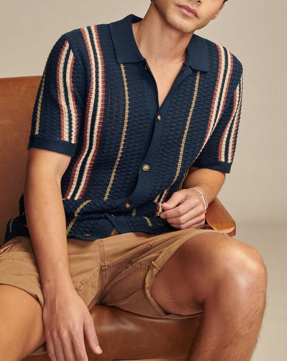Men's Polo Cardigan - Casual Striped Knitted Short Sleeve British Style Top