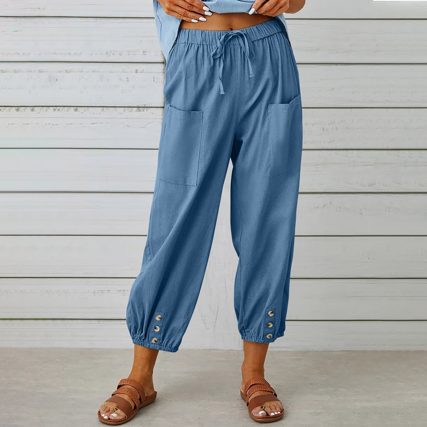 Cotton Linen Pants - Women's Drawstring Waist Trousers With Pockets & Buttons