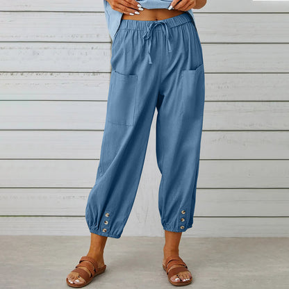 Cotton Linen Pants - Women's Drawstring Waist Trousers With Pockets & Buttons
