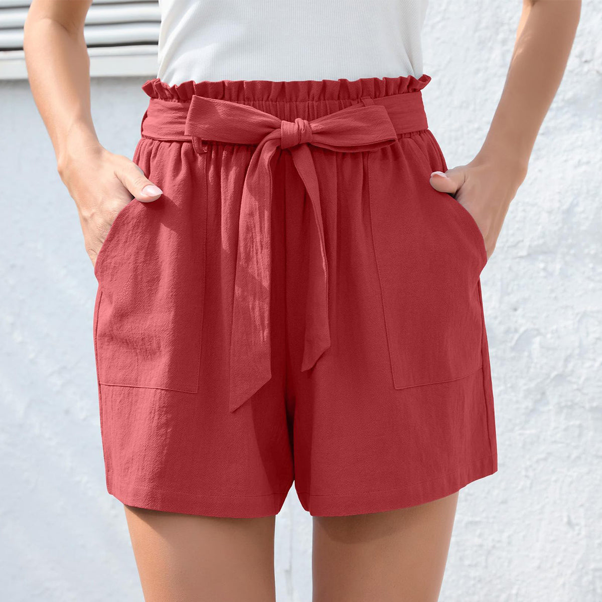 Ruffle Waist Tie Shorts - High Waist Summer Beach Pants With Pockets