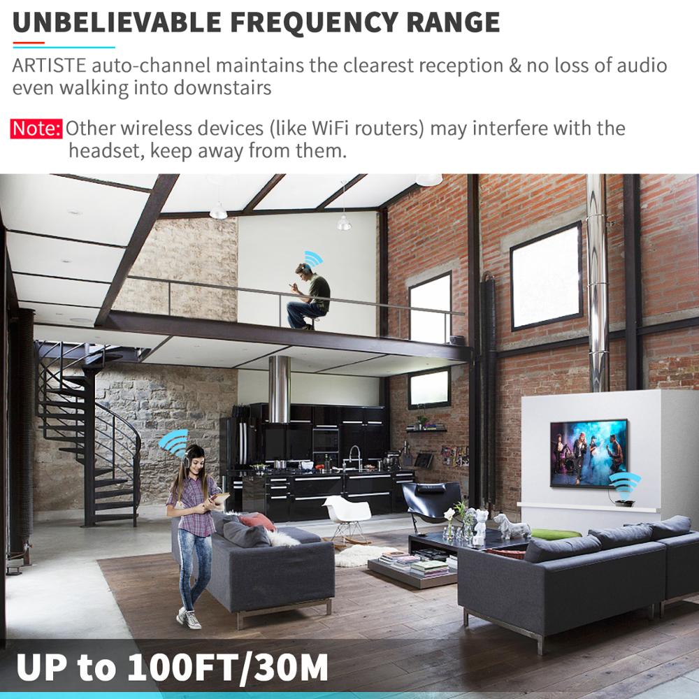 Modern loft apartment with two people using wireless headphones and TV streaming, demonstrating clear audio reception up to 100ft
