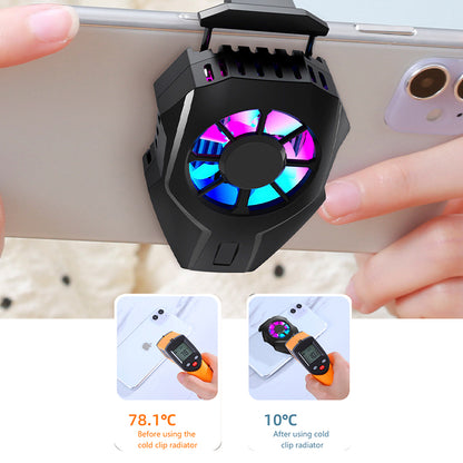 Black RGB cooling fan clip attached to smartphone back, cooling device showing 10°C temperature