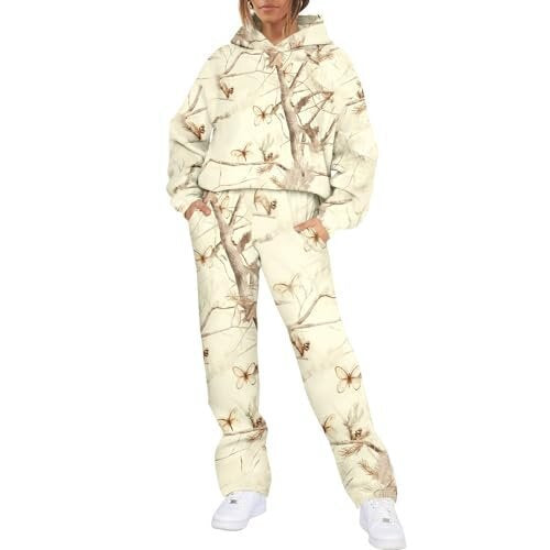 Camouflage Sports Set - Women's Loose Fit Tracksuit With Hooded Sweatshirt & Pants