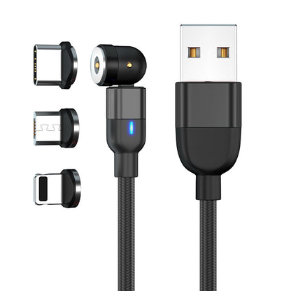 Black magnetic charging cable with USB and multiple detachable connectors against white background