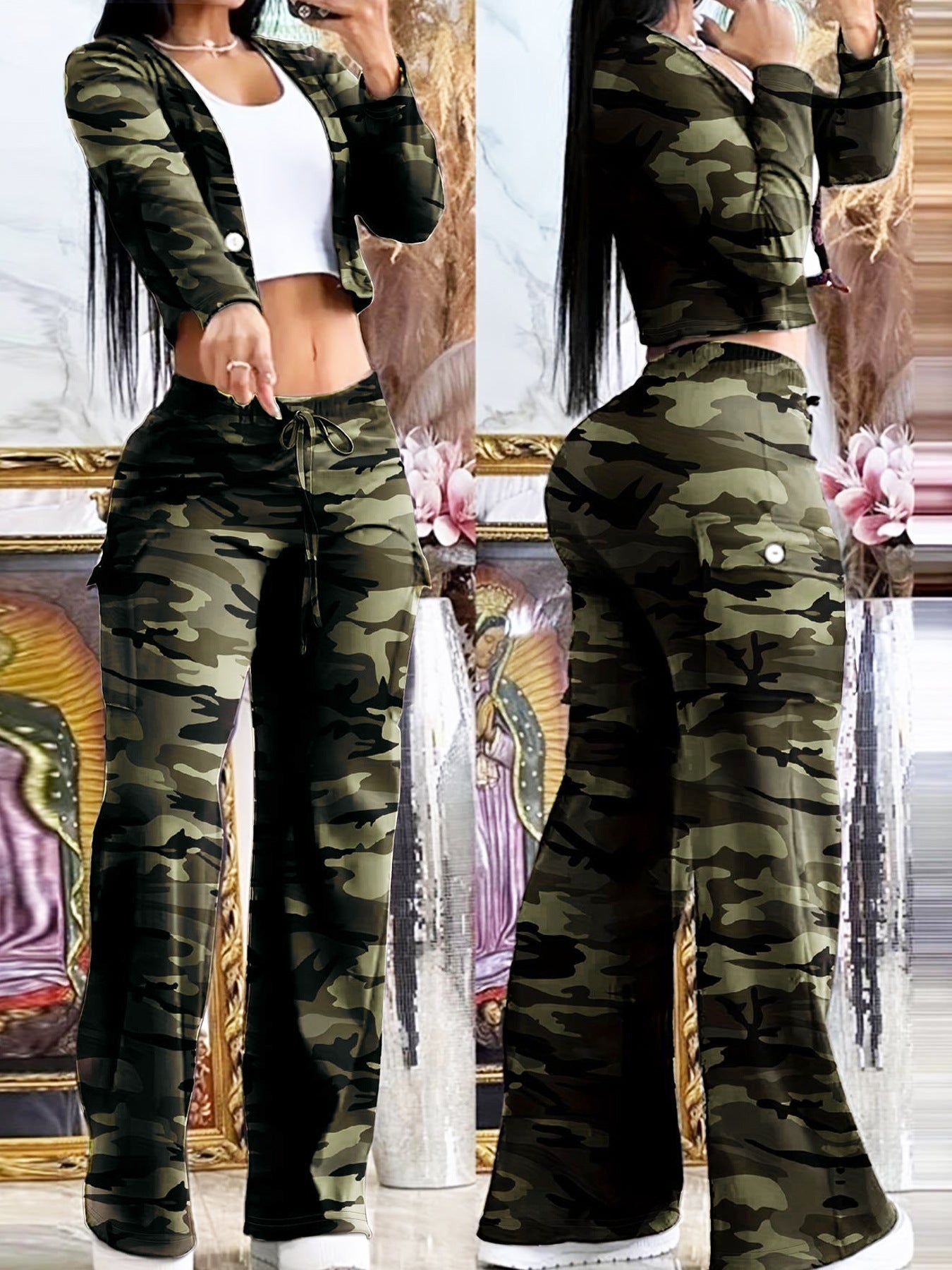 Wide-Leg Pants Set - Camouflage Outfit With Drawstring Pants And Long Sleeve Top