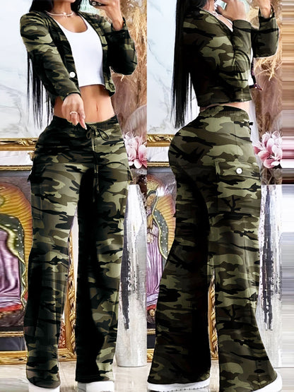 Wide-Leg Pants Set - Camouflage Outfit With Drawstring Pants And Long Sleeve Top