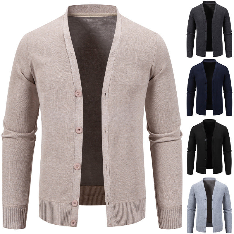 Men's button-up knit cardigan sweaters in beige, gray, navy, black, and charcoal colors