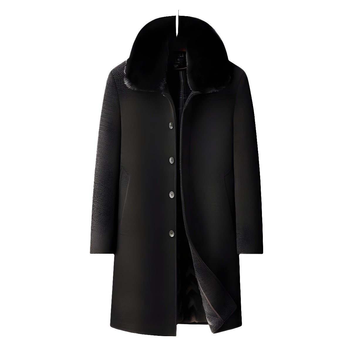 Black long wool coat with fur collar and button closure on white background