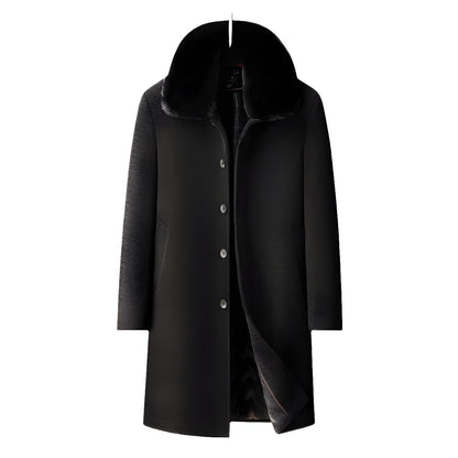 Black long wool coat with fur collar and button closure on white background