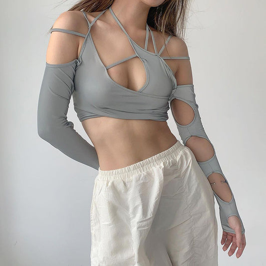 Halter Neck Camisole Strapless Top | Gray Polyester Long Sleeve Blouse