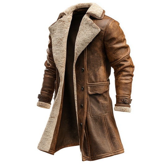 Men's brown leather shearling winter coat with button closure and side pockets