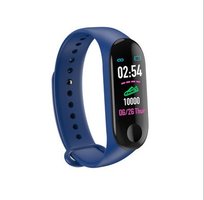 Blue fitness tracker wristband with color display showing time, steps, date, and icons
