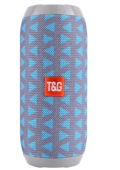 Portable T&G wireless Bluetooth speaker with blue triangle pattern and gray ends