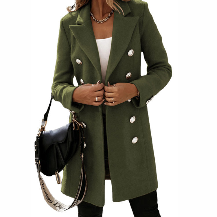 Women Woolen Coat - Double Breasted Turndown Collar Jacket For Autumn Winter