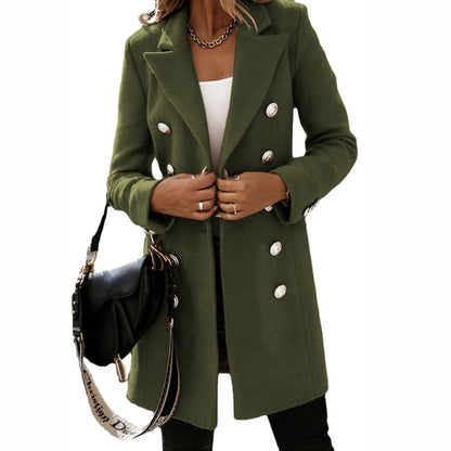 Women Woolen Coat - Double Breasted Turndown Collar Jacket For Autumn Winter