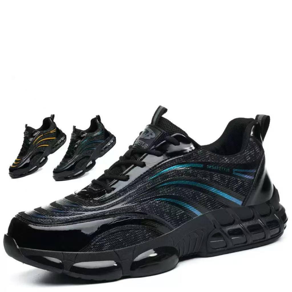 Black sports sneakers with glossy finish and blue and yellow accent stripes, lightweight athletic shoes