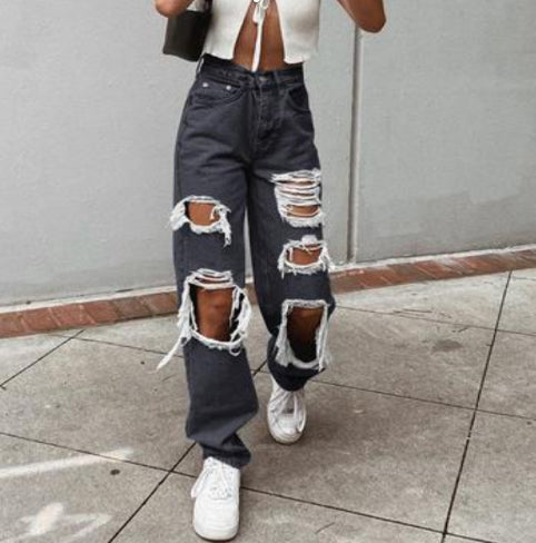 Retro Hole-Punched Jeans | High Waist Wide Leg Pants | Comfortable Casual Denim