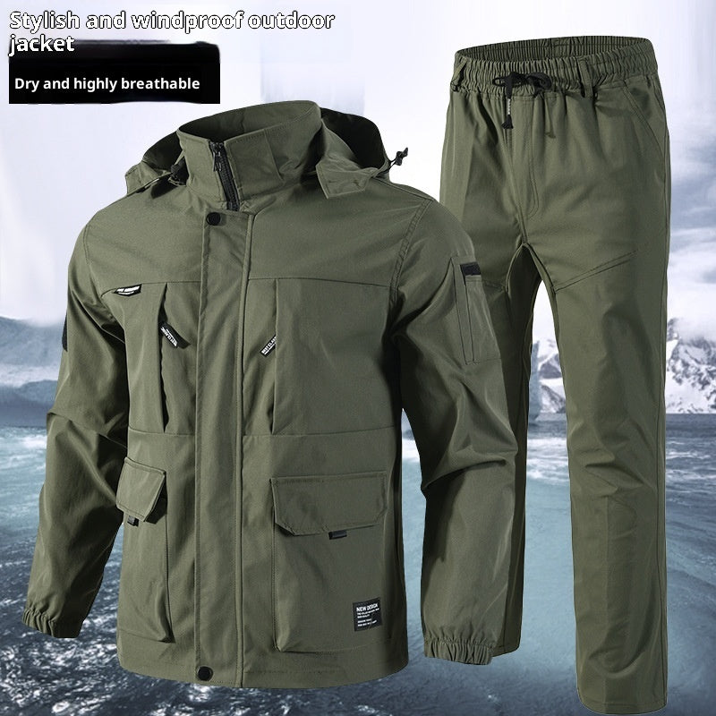 Olive green windproof outdoor jacket and pants set, breathable and dry, ideal for outdoor activities