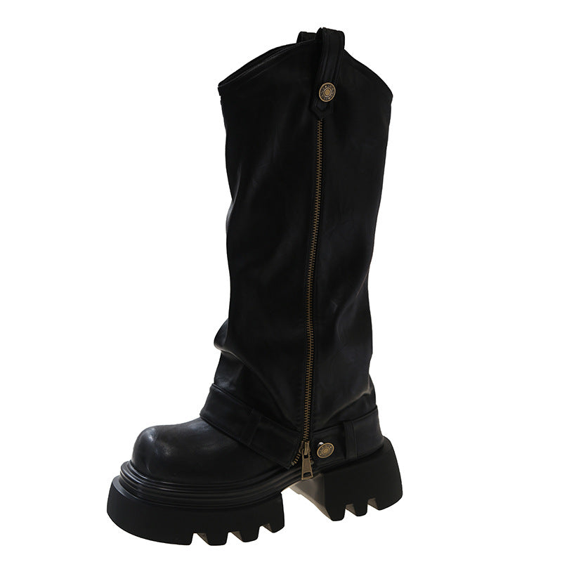 Below Knee Boots | Women's Black Leather Thick Sole Footwear With Rubber Sole
