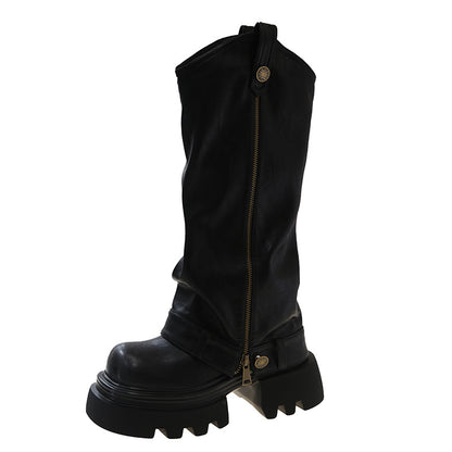 Below Knee Boots | Women's Black Leather Thick Sole Footwear With Rubber Sole