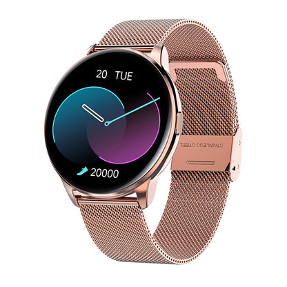 Rose gold stainless steel mesh band smartwatch with circular color display showing date and 20,000 steps