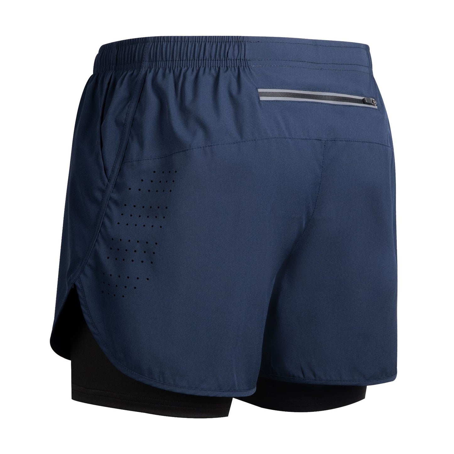 Men's navy blue athletic running shorts with black compression liner and zippered back pocket