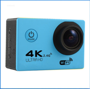 Blue 4K Ultra HD action camera with wide-angle lens and WiFi connectivity