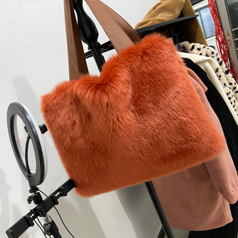 Women's Fur Handbag - Large Plush Shoulder Bag With Double Strap Zipper Closure