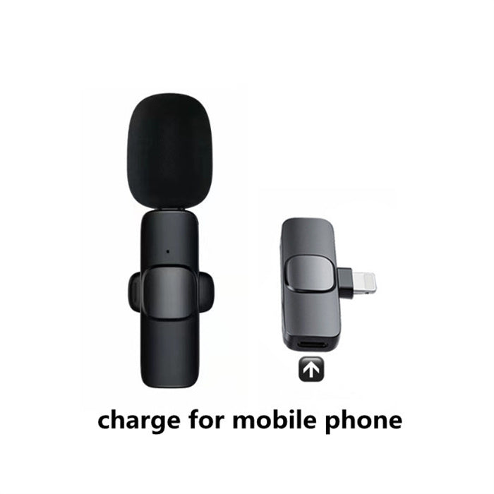 Black wireless microphone and mobile phone charger adapter with lightning connector on white background