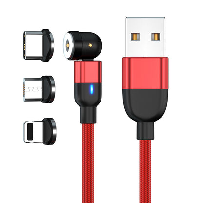 Red braided magnetic USB charging cable with USB-A connector and three detachable magnetic tips