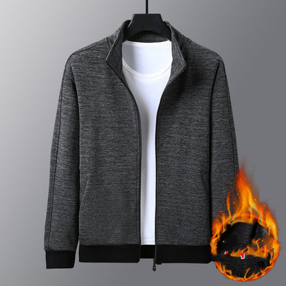Dark gray zip-up jacket with black cuffs over white t-shirt, highlighted with flame symbol for warmth