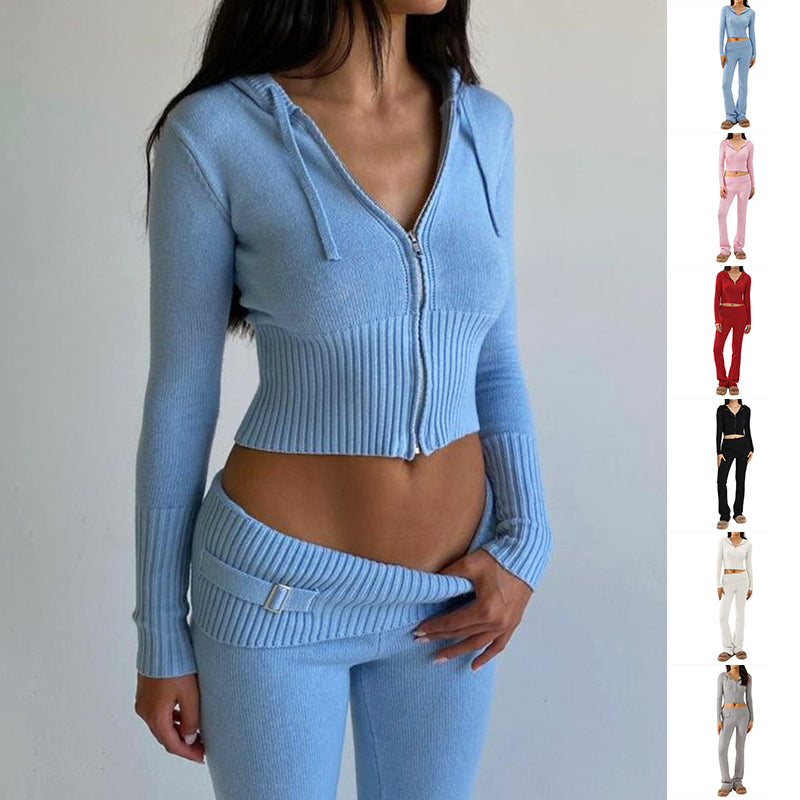 Women's Hoodie Suit | Stylish Casual Wear | Zip Sweater Set With High Waist Pants