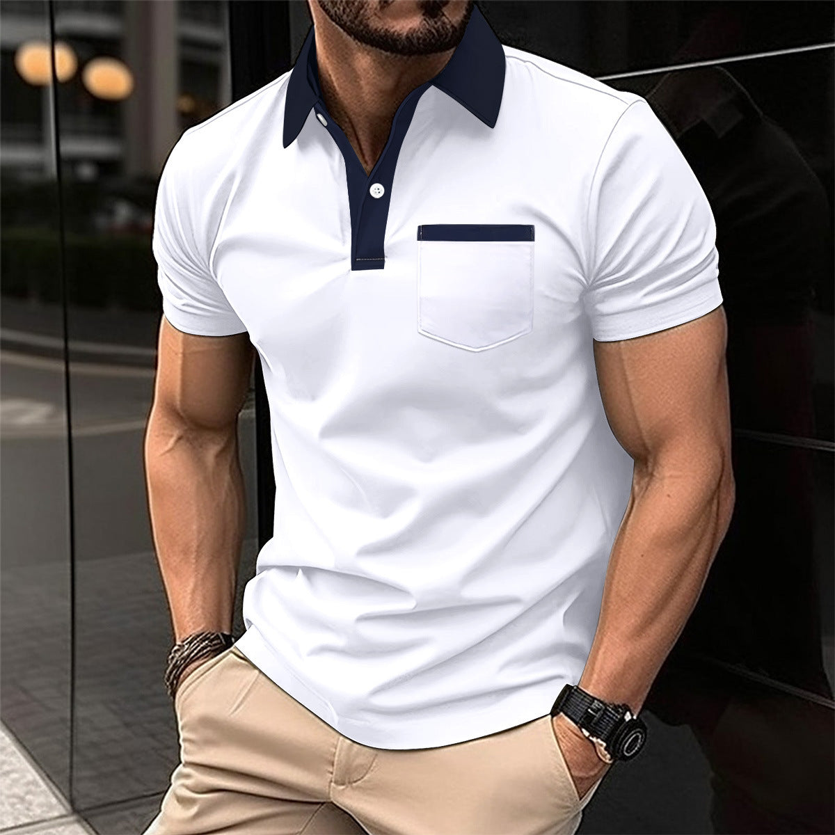 Slim Fit Polo Shirt - Men's Cotton Blend Short Sleeve Tee With Pocket Design