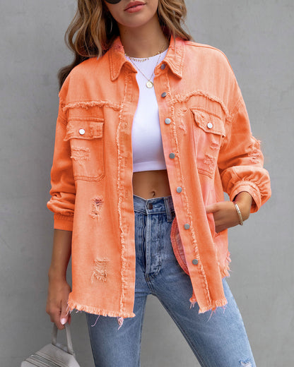 Ripped Shirt Jacket | Casual Womens Tops | Loose Fit Coat For Autumn Spring