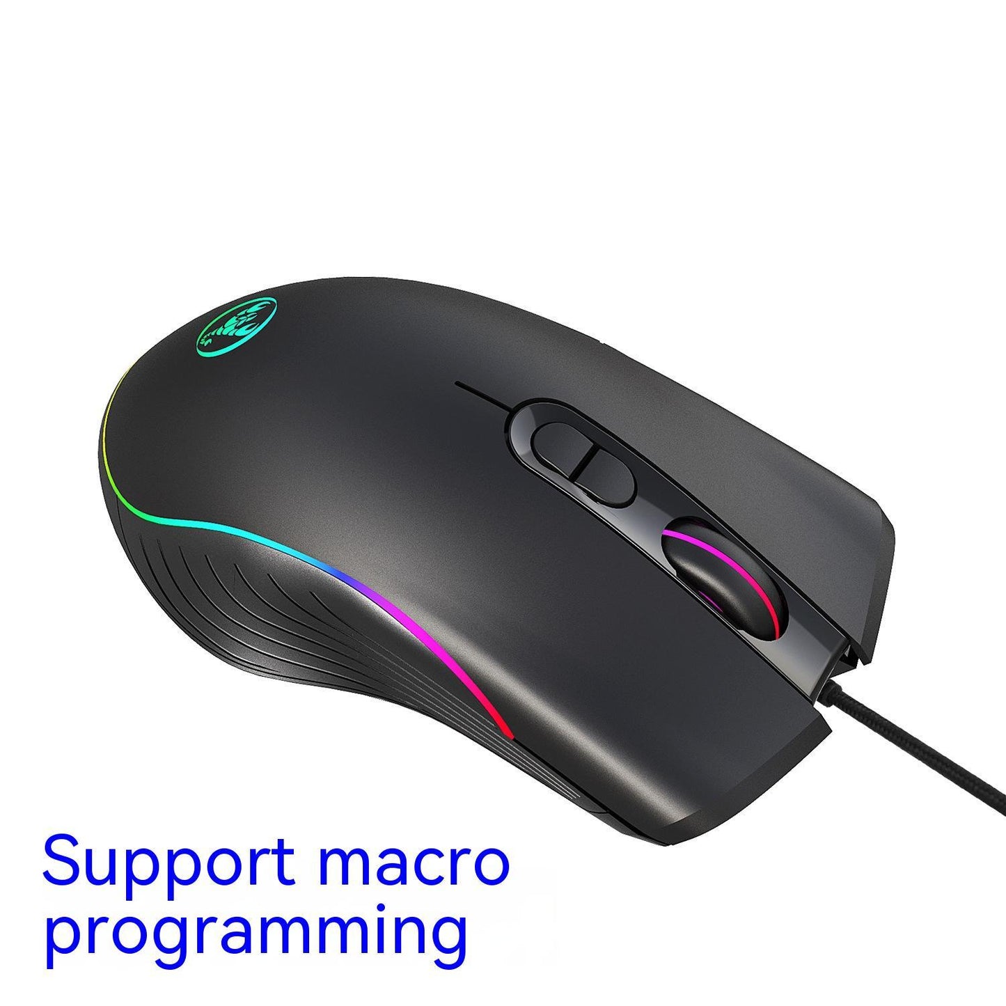 Black gaming mouse with RGB lighting, scroll wheel, and support for macro programming