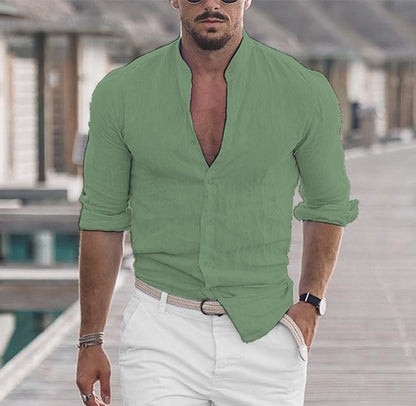Men's Long Sleeve Shirt - Casual Button Front Solid Color Cotton Cardigan