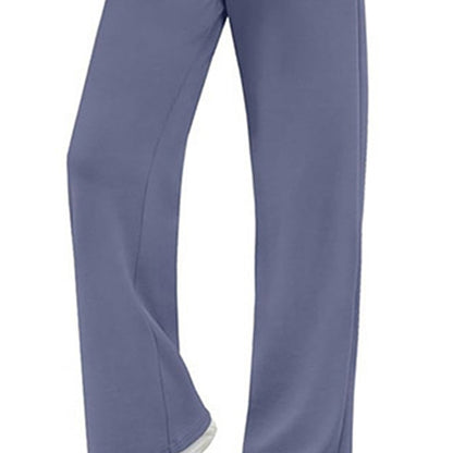 Women's Solid Color 2-Piece Set, Crew Neck Long Sleeve Ruffle Design Top With Tie-Waist Wide Leg Pants For Spring And Fall