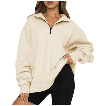 Women Zip Sweatshirt - Loose Pullover With Turndown Collar | Casual Tops